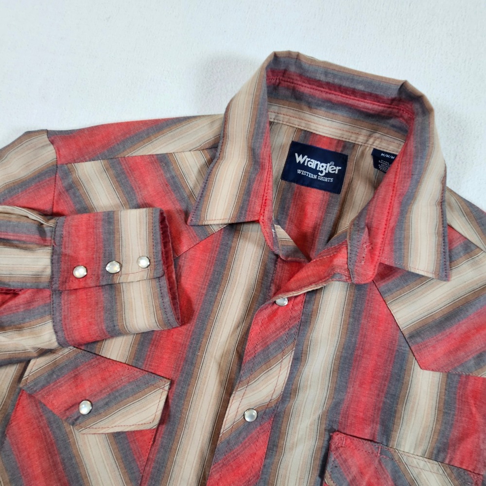 Wrangler Western Shirt Mens M Red Tan Striped Pearl Snap Long Sleeve 75201AA